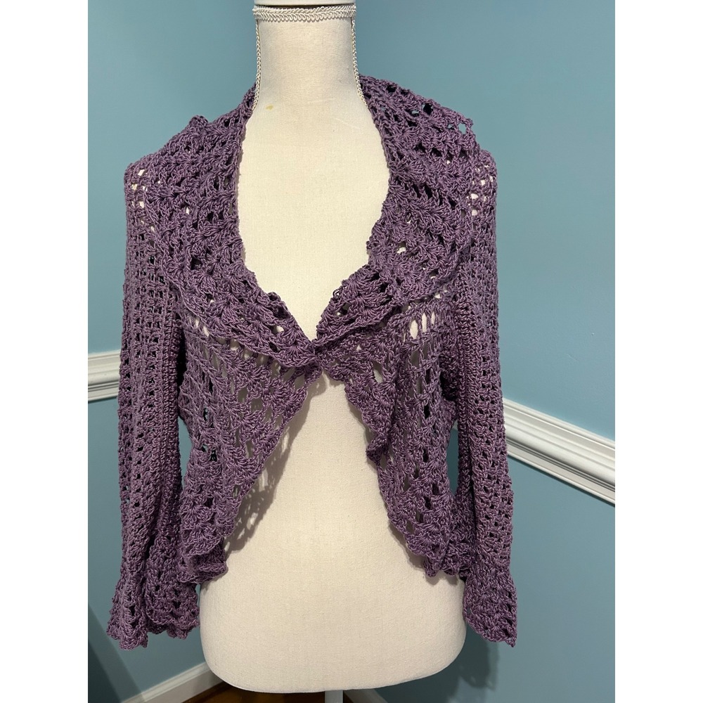 Handmade Purple Crochet Ruffle Shawl Collar Bell Sleeve Open Knit granny